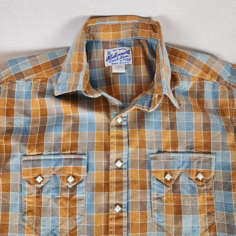 Rockmount Blue & Orange Plaid Western Shirt (M) - Picture 4 of 8